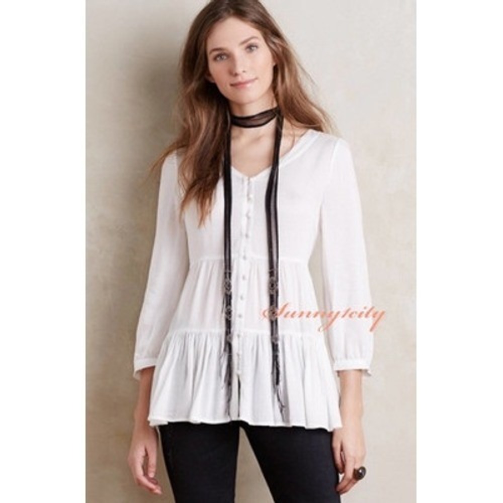 Maeve Tunic Blouse Tiered Peplum V-Neck Size Medium White Womens